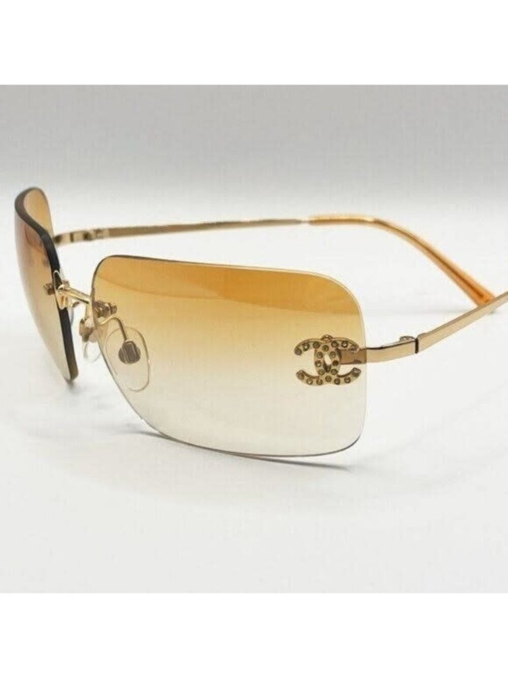 Chanel Vintage Sunglasses Rhinestone CC Logo Rimless Gradient Gold Orange - Picture 7 of 10